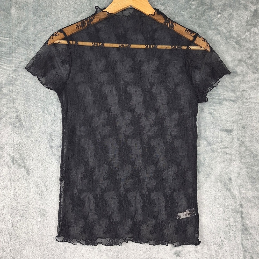 Womens Top Medium Black Sheer Dark‎ Floral Lace Whimsigoth Grunge Goth Layering